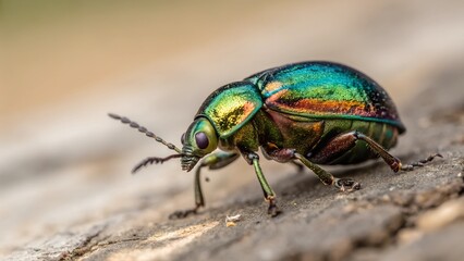 Naklejka premium Jewel Beetle on Rock: A macro shot of a resplendent jewel beetle crawling across a rough rock surface, showcasing its iridescent shell and intricate details, bathed in soft daylight.
