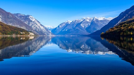 Breathtaking mountain landscape reflected in clear blue lake under sunny sky : Generative AI