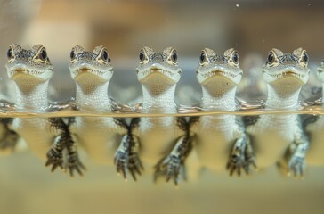 Group of Five Freshwater Crocodiles Half Submerged in Clear Water with Detailed Skin Texture and Unique Expressions Captured in a Stunning Close-Up
