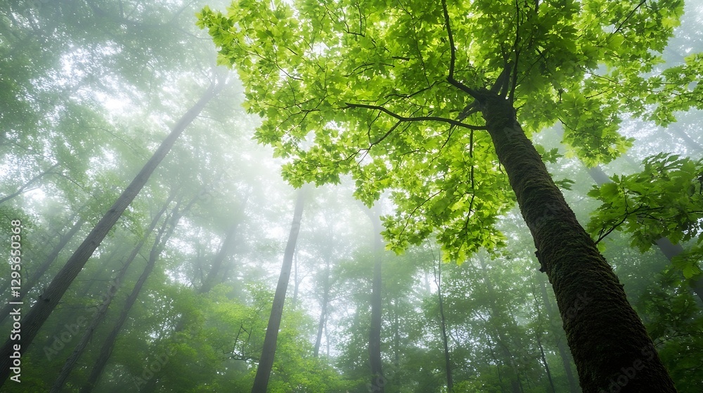 Poster Captivating View of Towering Trees in a Misty Forest Setting with Lush Green Canopy : Generative AI