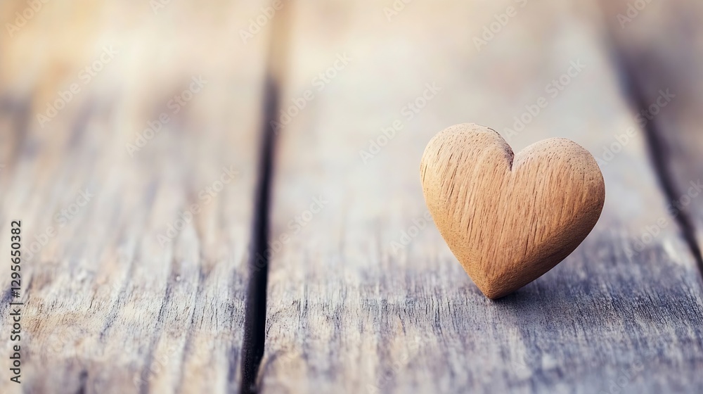 Poster single wooden heart placed on a rustic wooden surface symbolizing love and affection : generative ai