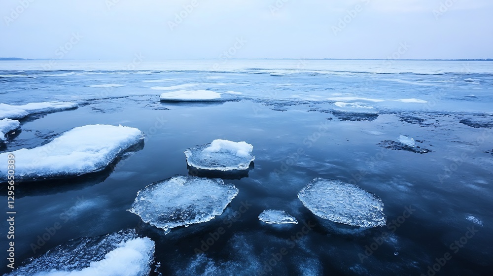 Poster Peaceful icy shore with floating ice chunks under a cloudy sky : Generative AI