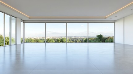 Fototapeta premium Modern Empty Room with Large Windows Showcasing a Scenic View of Greenery : Generative AI
