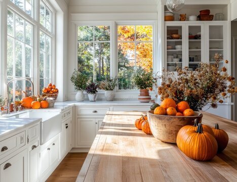 Autumnal kitchen interior with pumpkins and fall decor