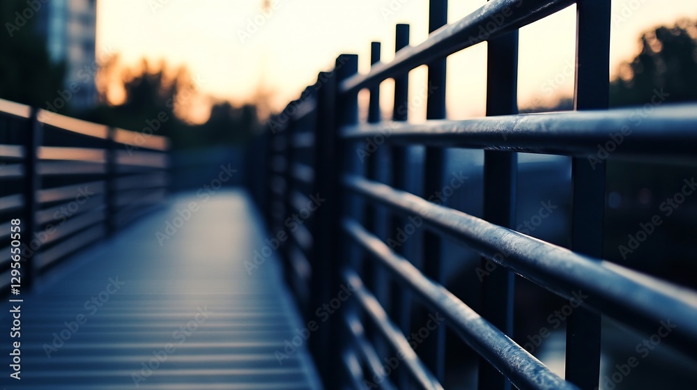 Poster detailed view of a modern railing on a pathway during sunset with urban surroundings : generative ai