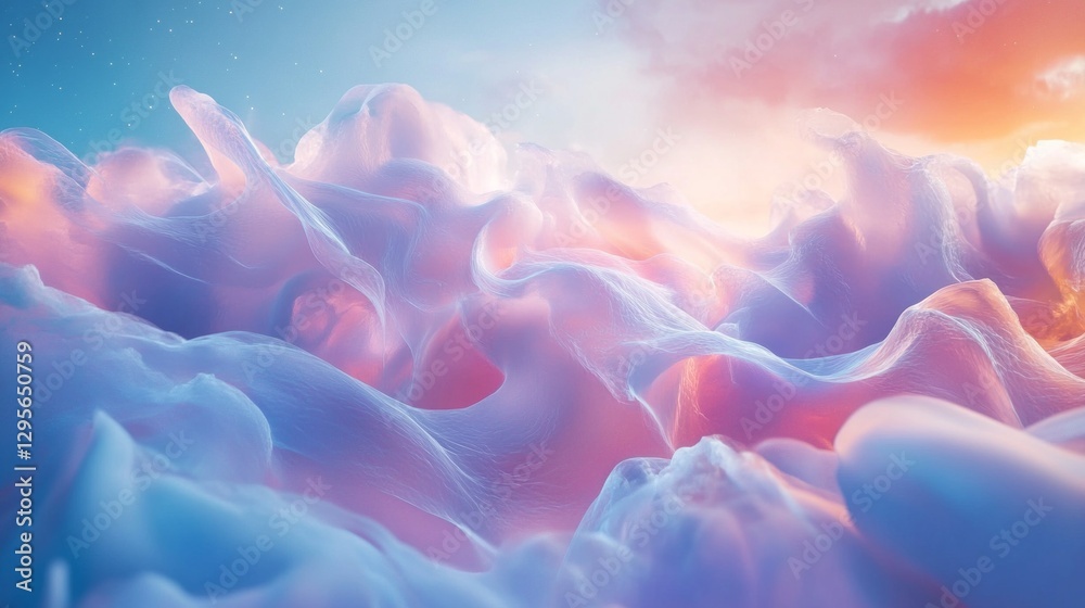 Poster Soft clouds transition through a breathtaking array of pastel hues as dusk settles over a tranquil landscape. The scene evokes a sense of calm and wonder, inviting exploration