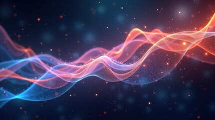 Fototapeta premium A celestial ballet of intertwining light particles, glowing quantum threads connecting across infinite space, pulsing fractal waves shimmering with ethereal energy