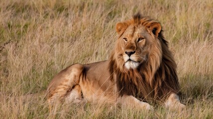 Panoramic View of a Male Lion on the Savannah
