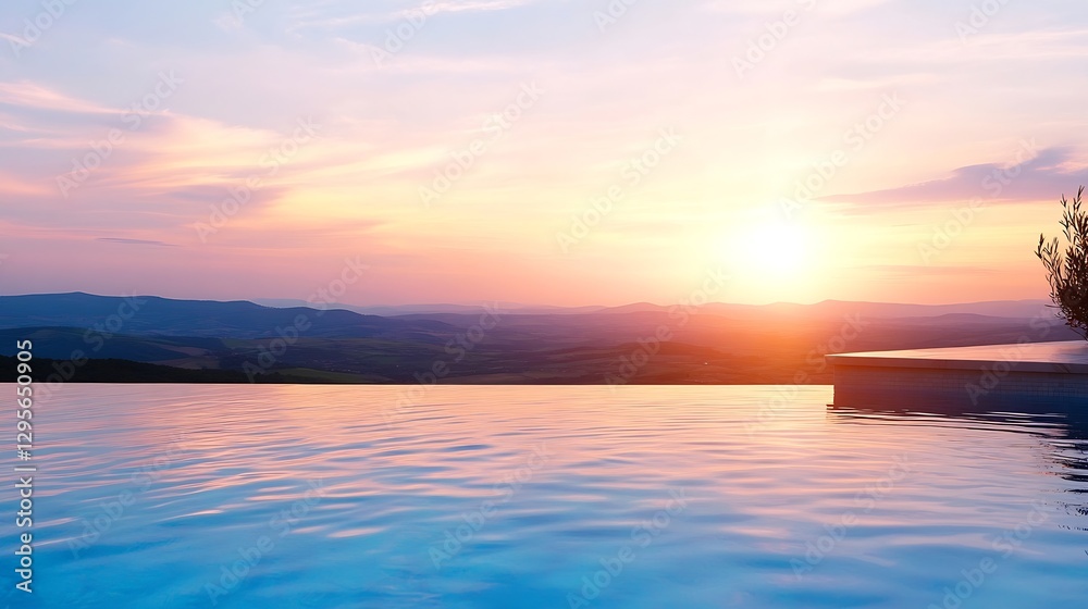 Aufkleber stunning view of infinity pool at sunset with mountains in the distance : generative ai