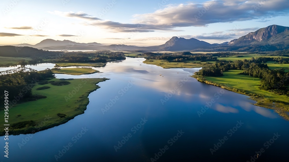 Poster aerial view of a serene lake surrounded by lush greenery and majestic mountains : generative ai