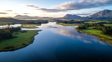 Fototapeta premium Aerial View of a Serene Lake Surrounded by Lush Greenery and Majestic Mountains : Generative AI