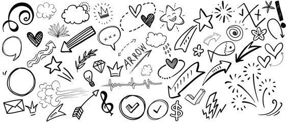 Simple sketch line style elements. ute Doodle pen line elements.Doodle arrow, heart, star, decoration symbol, icon set. Hand drawn sketch doodle cute star, emphasis, flower element.Vector illustration
