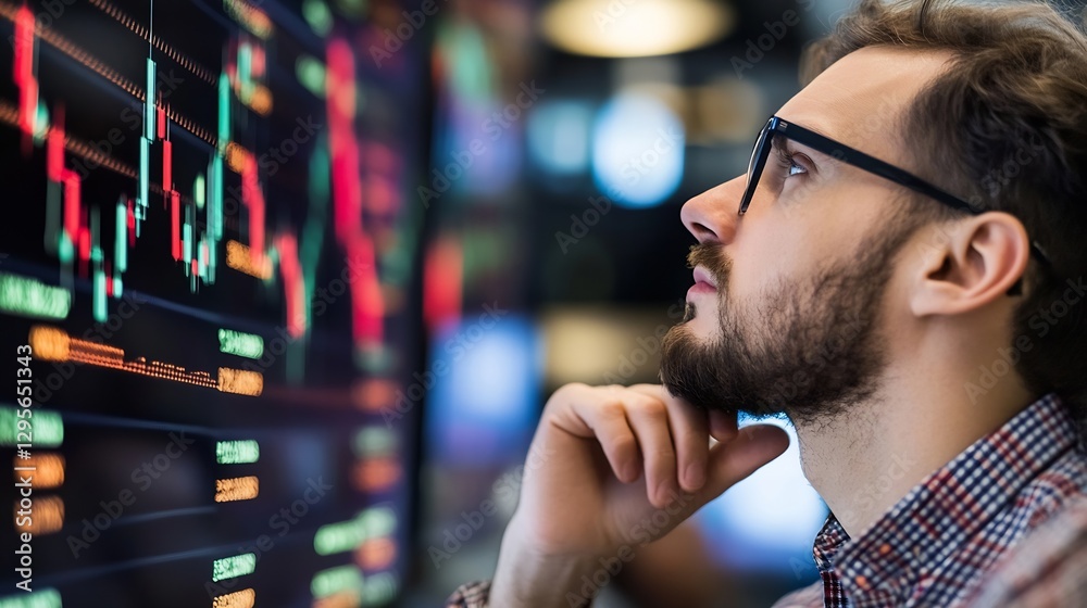 Poster thoughtful businessman analyzing stock market trends and financial data on computer : generative ai