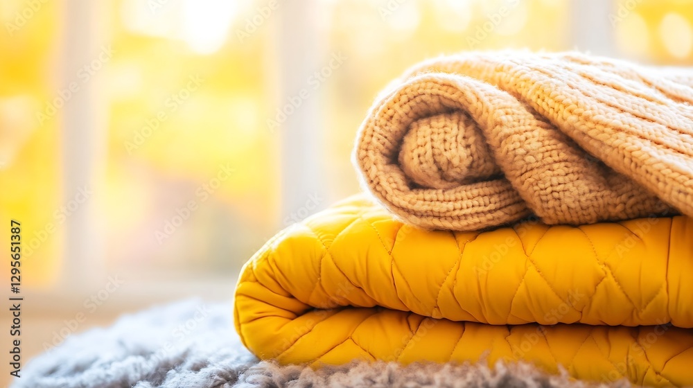 Aufkleber Stack of knitted blankets in warm colors creating a cozy and inviting atmosphere perfect for home styling : Generative AI