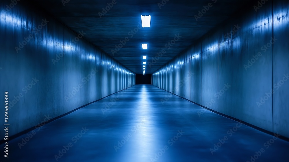 Poster Long and spacious corridor illuminated with blue lights creating a moody atmosphere : Generative AI