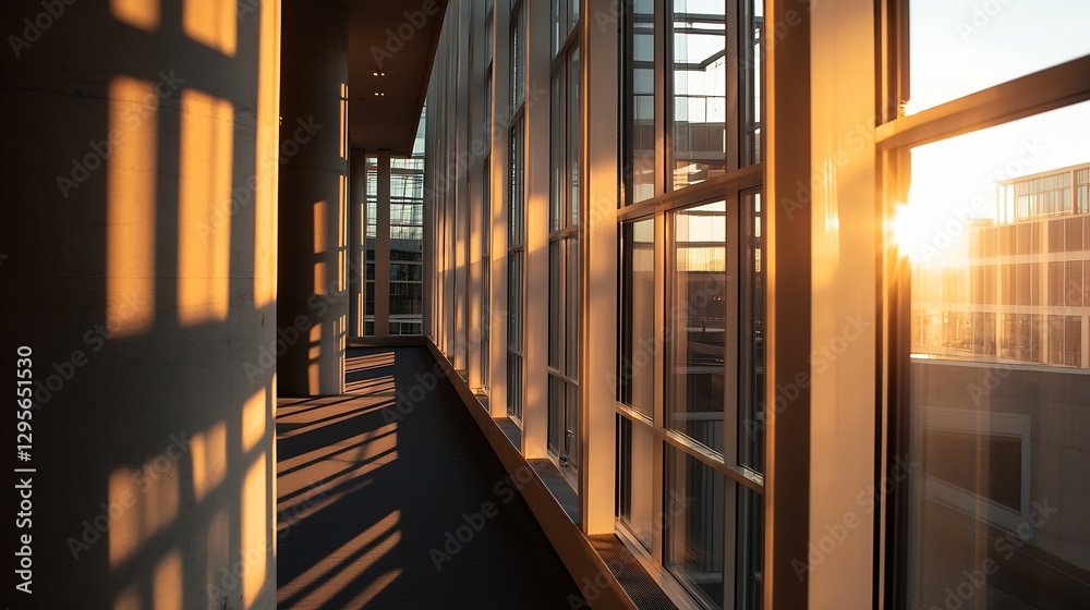 Poster Natural sunlight streaming through large windows creates beautiful shadows in a modern office corridor : Generative AI