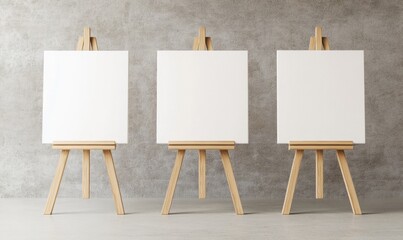 Blank canvases on wooden easels against a concrete wall