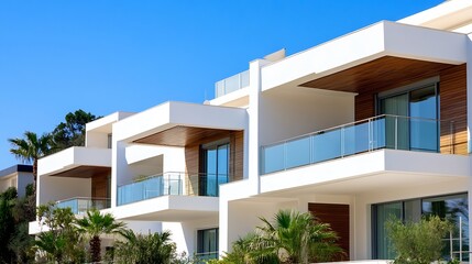 Fototapeta premium Stylish contemporary apartments with balconies surrounded by greenery in a sunny setting : Generative AI