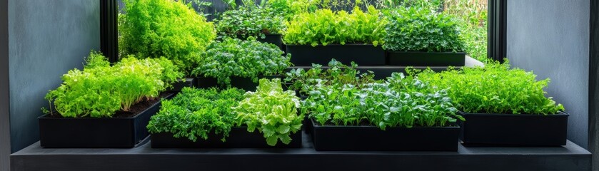 Lush green seedlings in window planters.
