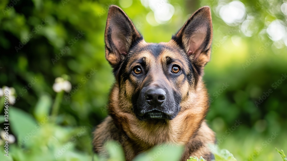 Poster closeup view of a beautiful dog with expressive eyes in a natural green setting : generative ai