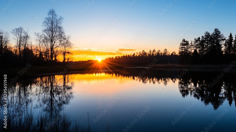 Poster Stunning sunset reflection on a calm lake with silhouettes of trees and nature : Generative AI