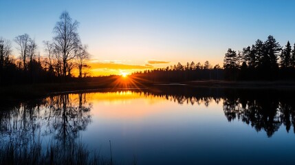 Obraz premium Stunning sunset reflection on a calm lake with silhouettes of trees and nature : Generative AI