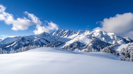 Obraz premium Breathtaking Snow-Covered Mountain Landscape Under a Clear Blue Sky on a Winter Day : Generative AI