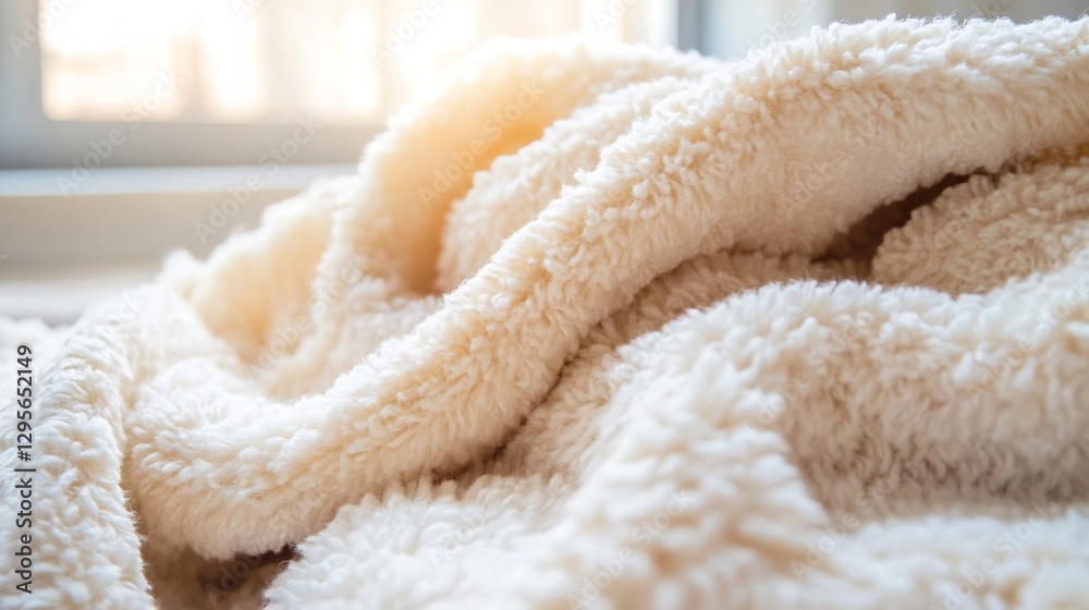Poster close up of soft plush beige blanket with warm light highlighting the cozy texture : generative ai
