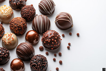 Stunning close-up of chocolate candies and colorful sprinkles on a white background.
