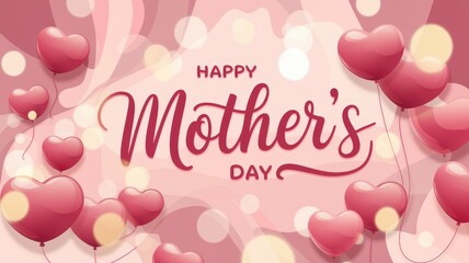 Mothers Day celebration with pink heart balloons, festive decorations, floral backdrop, and cheerful greetings for honoring moms and motherhood moments.