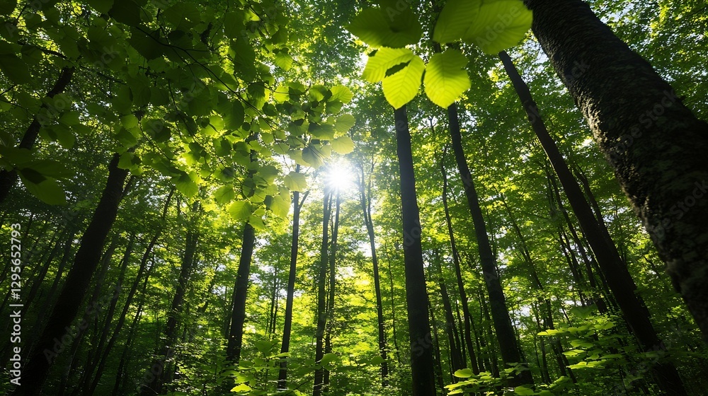 Aufkleber Beautiful view of sunlight filtering through lush green tree canopy in a serene forest setting : Generative AI