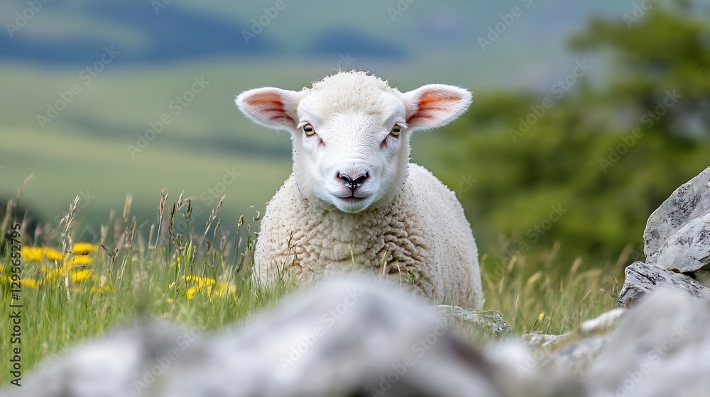 Poster adorable sheep in a green field with natural surroundings and yellow flowers adding color : generati