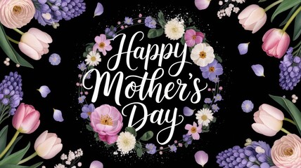 Mothers Day greeting card design with beautiful flowers, floral elements, and handwritten typography on a dark background, perfect for celebrating moms.