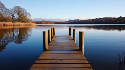 Fototapeta premium Serene wooden pier extending over calm reflective lake surrounded by trees and mountains : Generative AI