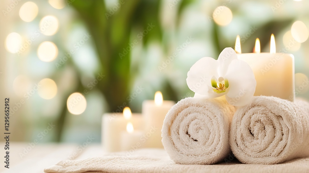 Poster relaxing spa setting with rolled towels candles and white orchid creating tranquil atmosphere : gene