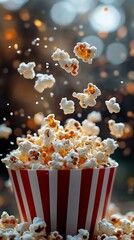 Popcorn flying, red striped bucket, blurry background, movie snack
