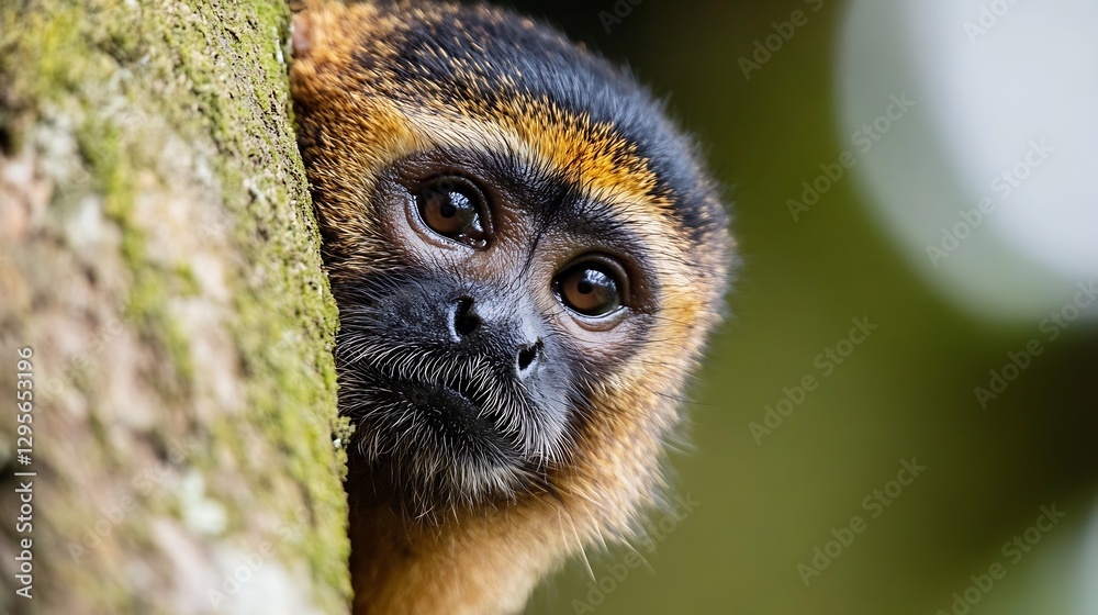 Poster Curious Monkey Peeking from Tree with Expressive Eyes in Nature : Generative AI