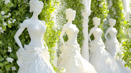 Elegant White Sculptures of Bridal Dress Forms Surrounded by Greenery