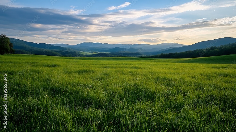 Poster vast landscape of lush green grass under a bright sky with gentle rolling mountains in the backgroun