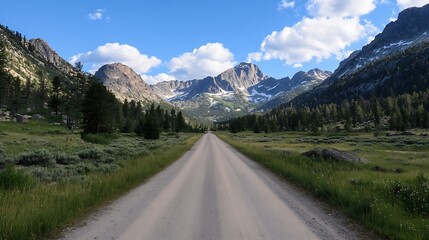 Scenic Mountain Road Surrounded by Majestic Peaks and Clear Blue Sky : Generative AI