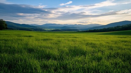 Vast Landscape of Lush Green Grass Under a Bright Sky with Gentle Rolling Mountains in the Background : Generative AI