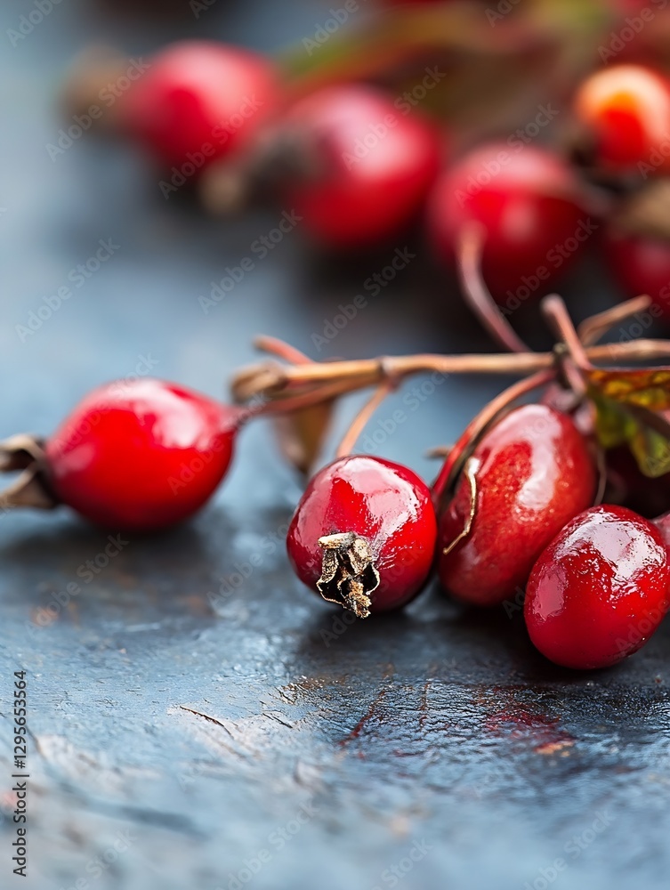 Aufkleber close up of shiny red berries with delicate branches on a blurred background : generative ai