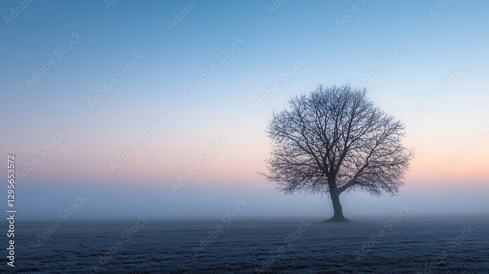 Poster lone tree in a misty landscape at dawn with soft pastel colors in the sky : generative ai