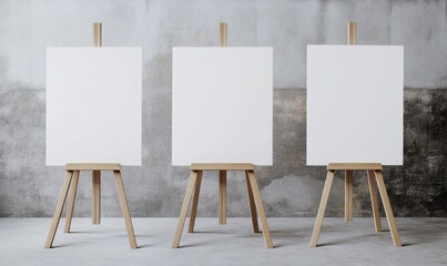 Three blank canvases on wooden easels in a grungy studio