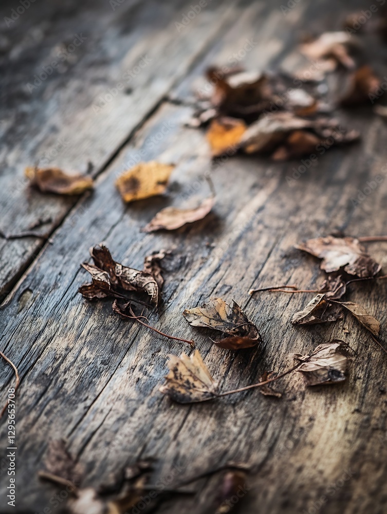 Aufkleber Dry autumn leaves spread across a weathered wooden surface evoking a sense of nature's transition in a rustic setting : Generative AI