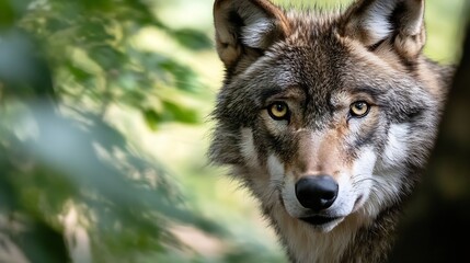 Fototapeta premium Majestic closeup of a wolf in its natural habitat showcasing fierce beauty and striking eyes : Generative AI