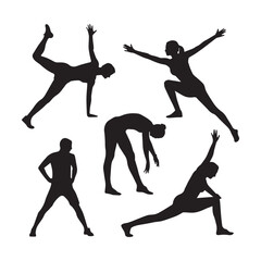 A white background with silhouettes of people performing various stretching and flexibility poses