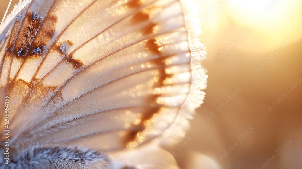 Poster delicate butterfly wing close up with warm light and soft focus background : generative ai