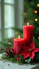 Festive red and green holiday candles with poinsettias, pine cones, and holly, red, decorations, flowers