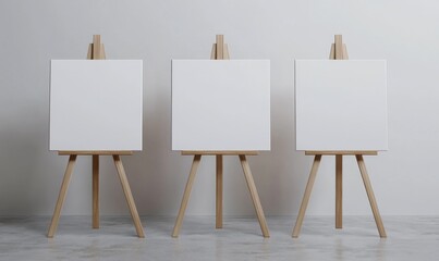 Three blank canvases on wooden easels in a minimalist studio space